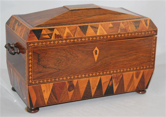 An early 19th century Tunbridgeware rosewood sarcophagus shape tea caddy, 12in.